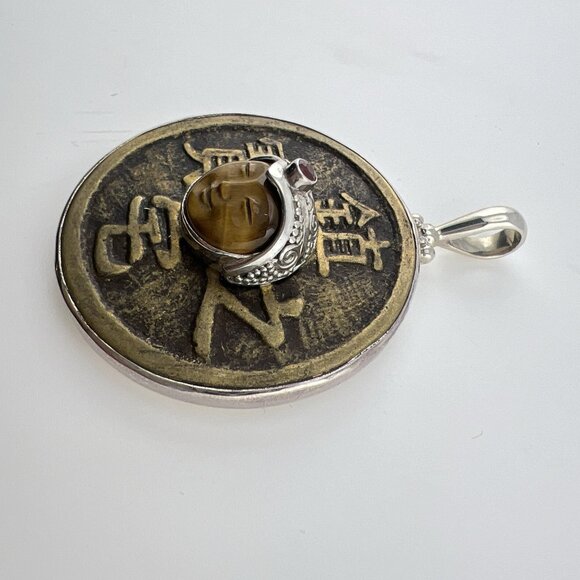 Sajen Sterling Silver Pendant Bronze Coin Face Tigers Eye Carved Script VTG Sign - Picture 6 of 10